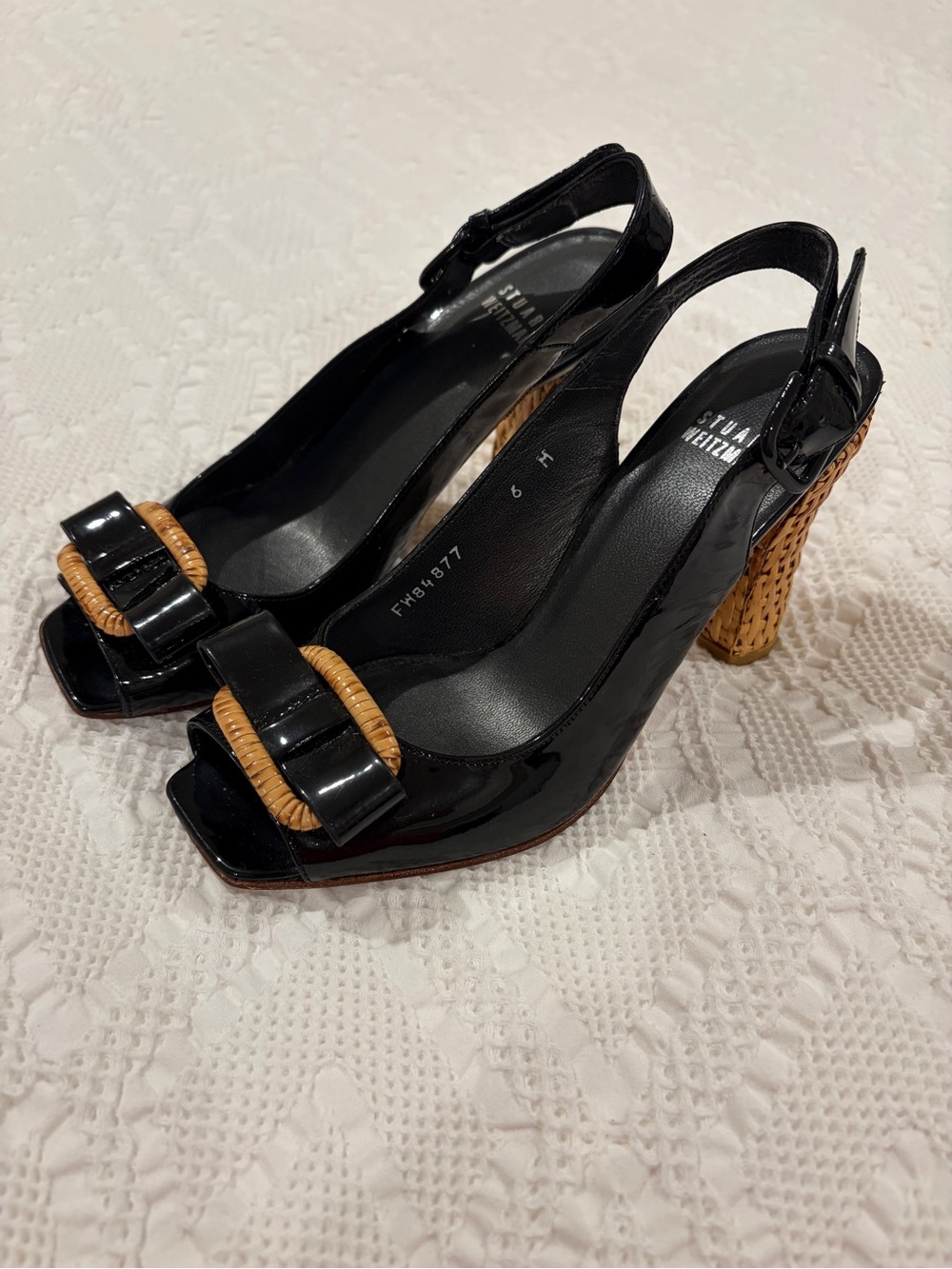Vintage Stuart Weitzman Black Patent Slingback Heels with Woven Tan Details